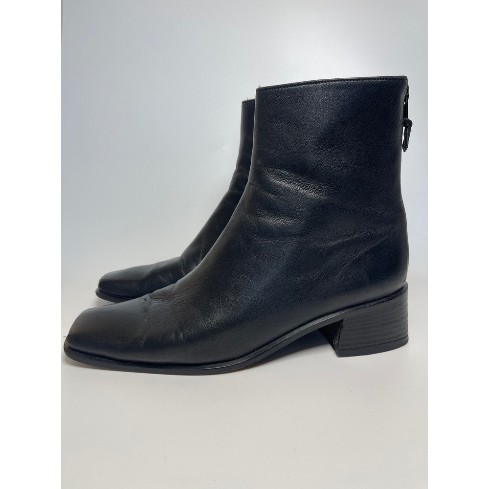 Stuart Weitzman Black Leather Square Toe Ankle Boots Block Heel 7.5